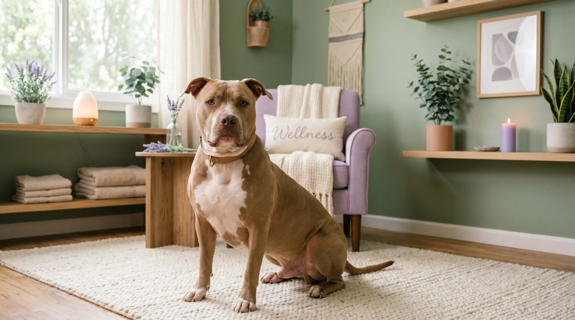 A very large dog sitting calmly in a softly lit therapy room